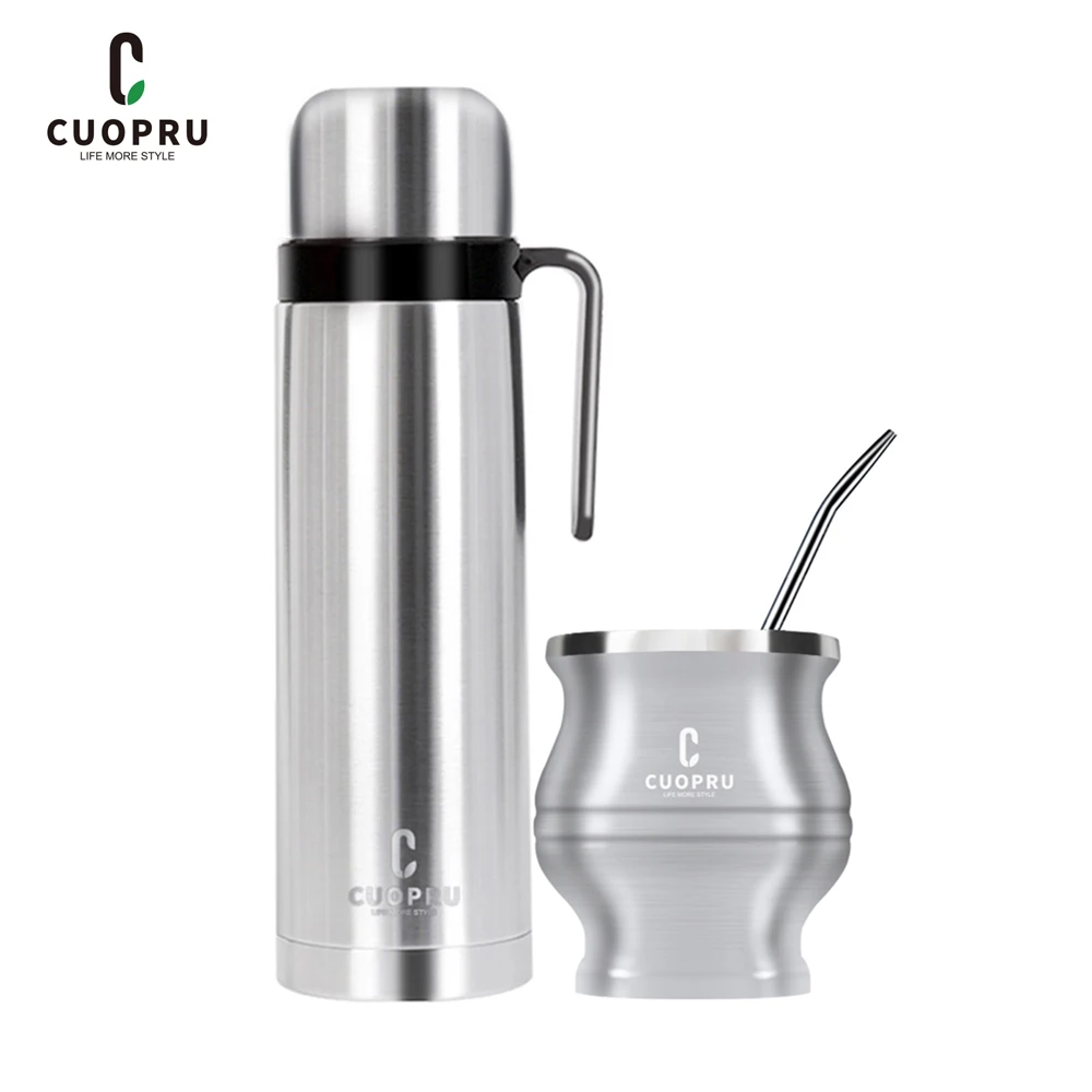 

Yerba Mate Kit - Modern Mate Gourd, Bombilla, Cleaning Brush, Thermos Set Included - Premium 304 Stainless Steel (Silver)