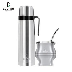Yerba Mate Kit - Modern Mate Gourd, Bombilla, Cleaning Brush, Thermos Set Included - Premium 304 Stainless Steel (Silver)