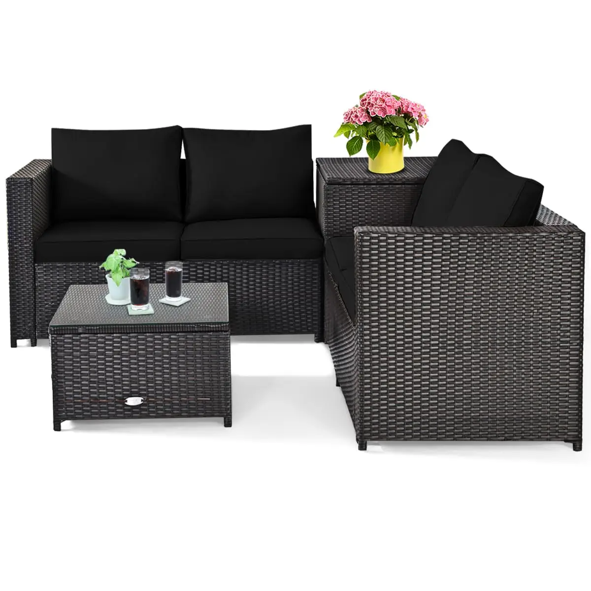 

4pcs PE Rattan Conversation Set Outdoor Patio Sofa Loveseat Storage Box Glass Table Backyard Garden, Customized