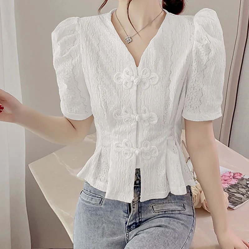 2024 New Summer Chinese Style Loose Casual Retro Women\'s Clothing QIPAO Irregular Sweat V Neck Short Sleeve Chiffon Chic Tops