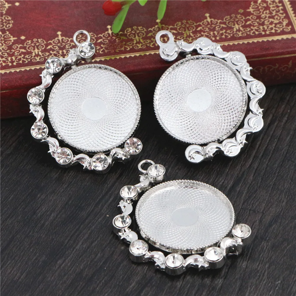 5 pçs 25mm tamanho interno nova moda rotação dupla face ródio cor strass cameo cabochon base definir pingente