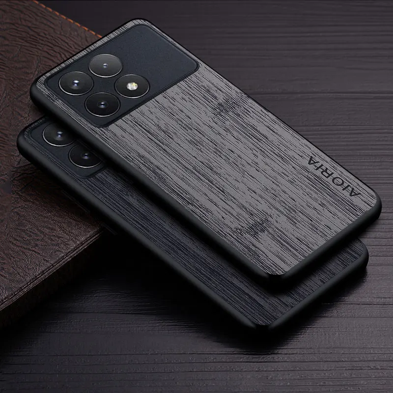 Hülle für Poco X6 Pro X6 Funda Bambus-Holzmuster Leder-Handyhülle Luxus-Coque für Xiaomi Poco X6 Pro Case Capa