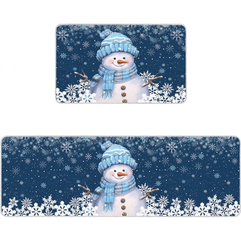 

Christmas Kitchen Floor Mat 2-piece Set, Two Blue Snowman Hats, Carpet, Family Party Decoration, Door Mat, 20inX31in 18inX47in