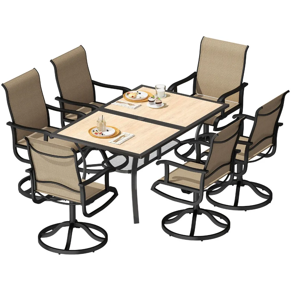 Mesa de comedor para patio, juego de 7 muebles de exterior, sillas giratorias, patio de jardín y césped