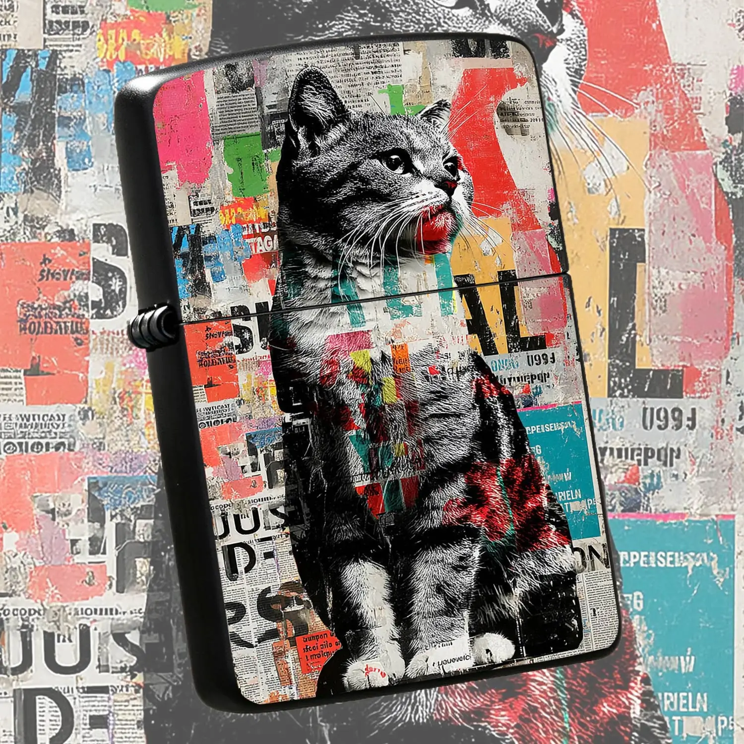 Vintage Collage Style Tabby Cat Lighter Retro Newspaper Graffiti Art Portable Igniter Fashion Decor Accessory For Home Outdoor Travel Thoughtful Creative Holiday Birthday Gift For Pet Lovers A Humorous And Interesting Lighter