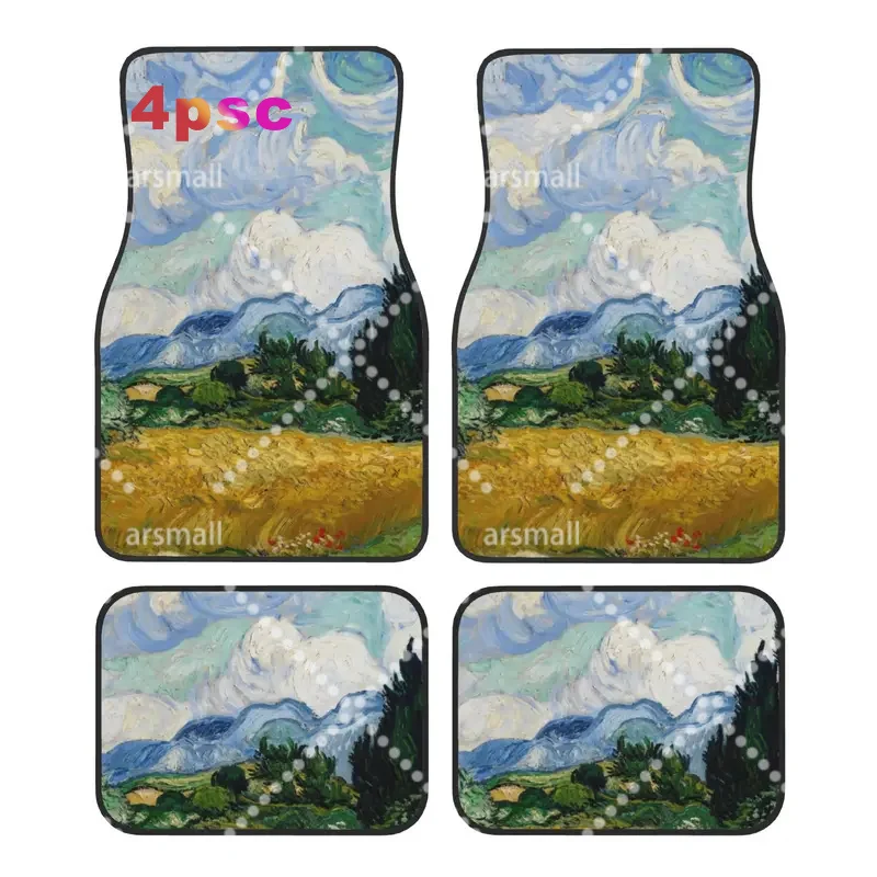 4PCS Crystal Velvet Car Floor Mats Wheat Field with Cypresses Car Vincent Van Gogh Universal Auto Front And Rear Foot Mats