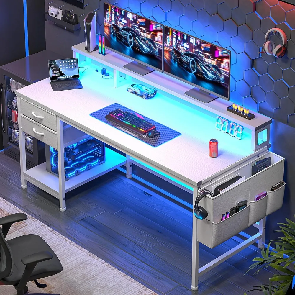 

48" Computer Desk with LED Lights, Gaming Desk with Drawers & Storage Bag, Office Desks with Power Outlets & Monitor Stand, Home