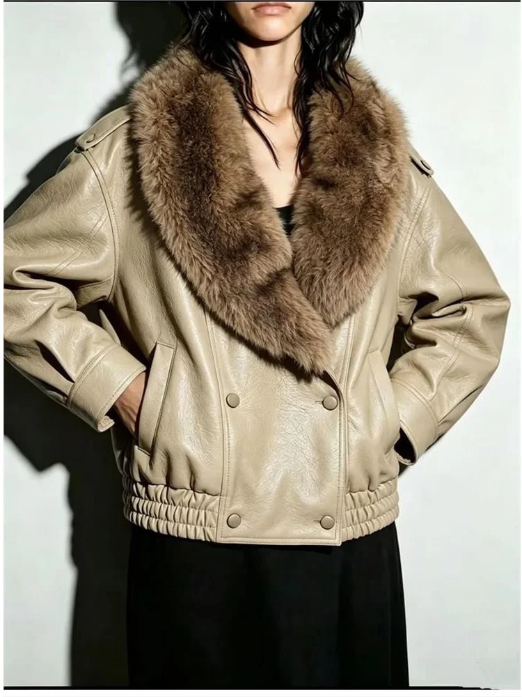Fashionable Windproof Long Sleeve Jacket Autumn Style Detachable Collar High End Feel Ladies Leather Coat without Fur Collar