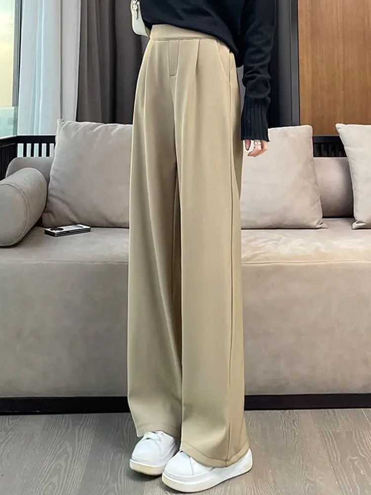 Women Thicken Baggy Straight Pants Winter Warm Elastic High Waist Velvet Lined Wide Leg Pantalones Office Formal Loose Calca New