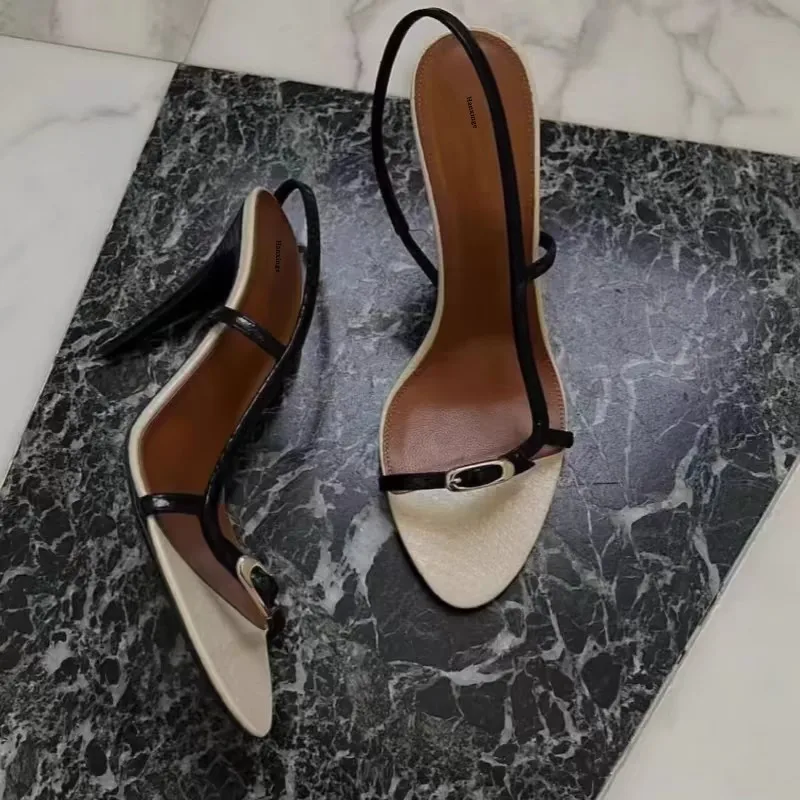 9cm High Heels Sexy Open Toed Sandals Thin Strap Crocodile Pattern Color Blocked Simple Strap Round Toe Stiletto Heel Sandals