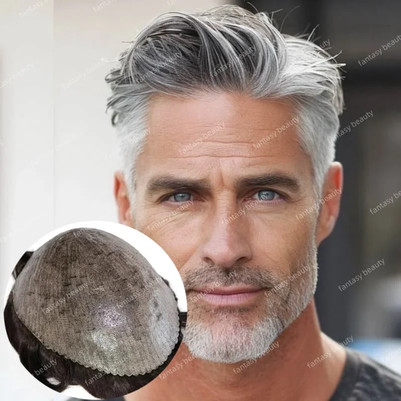 

Natural Hairline Old Man Human Hair Capillary Prosthesis System Men wig white Grey Black #1b50#1b65#1b80 Mens Toupee 130%density