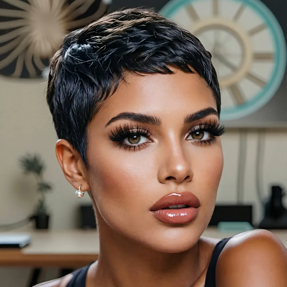 

Короткий многослойный парик с плотностью 150%, машинной работы, для женщин, 4 дюйма, черный цвет, волнистый, из натуральных волос.