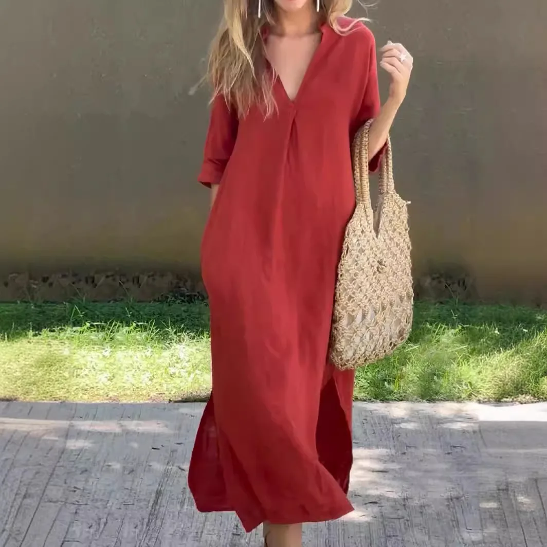 Women\'s Half Sleeve Cotton Linen Maxi Dress Deep V Neck Loose Long Dresses Pockets Elegant Fashionable  Casual Female Vestidos