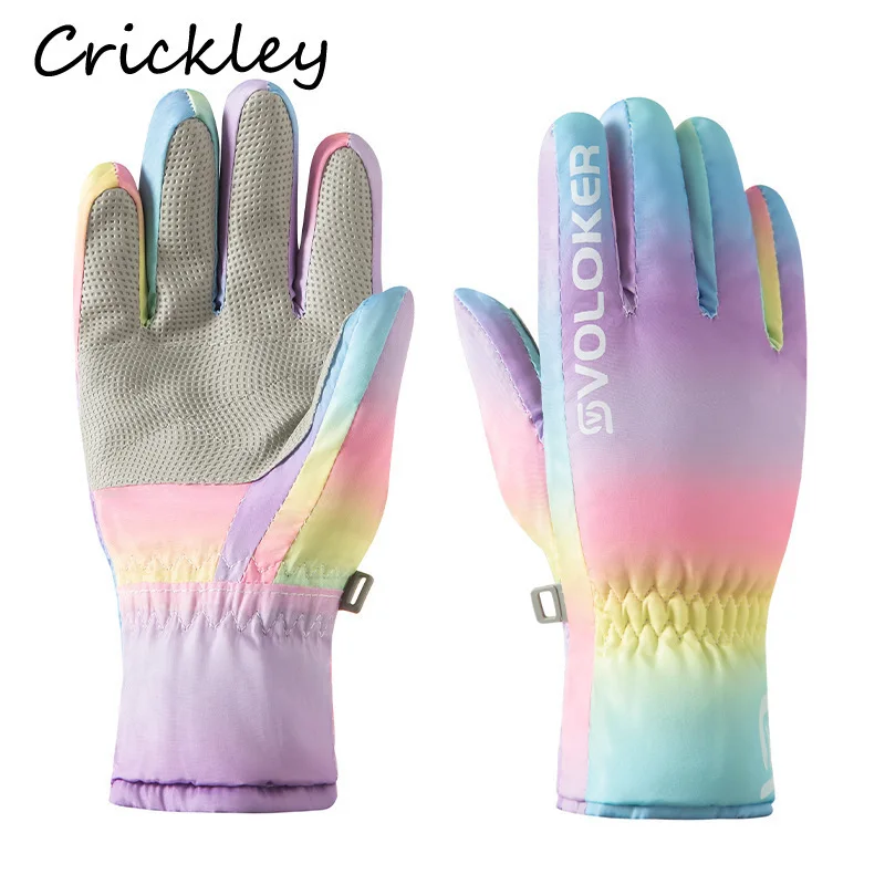 

Colorful Gradient Girls Gloves Winter Windproof Plush Warm Children Mittens Skiing Snow Anti Slip Zip Waterproof Kids Gloves