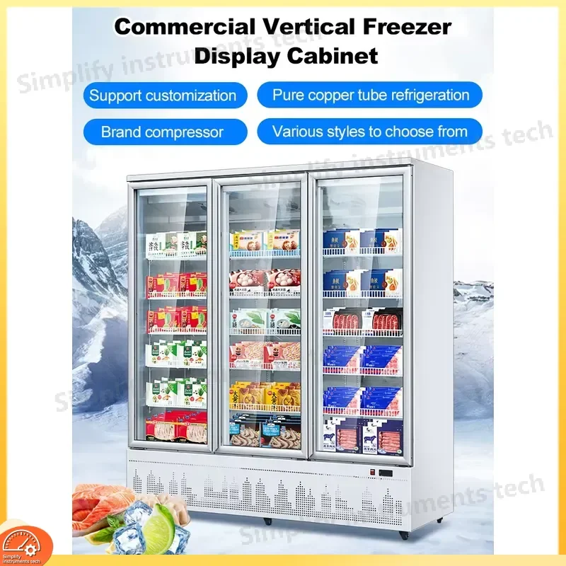 350L Commercial Frost-Free Glass Door Freezer for Ice Cream Dumplings Meat Rolls Fresh Food Display Supermarket Restaurant