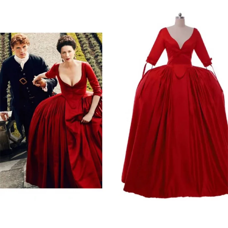 Outlander Claire Fraser Cosplay Costume Red Wedding Dress Rococo Women's Scottish Highland Medieval Ball Gown