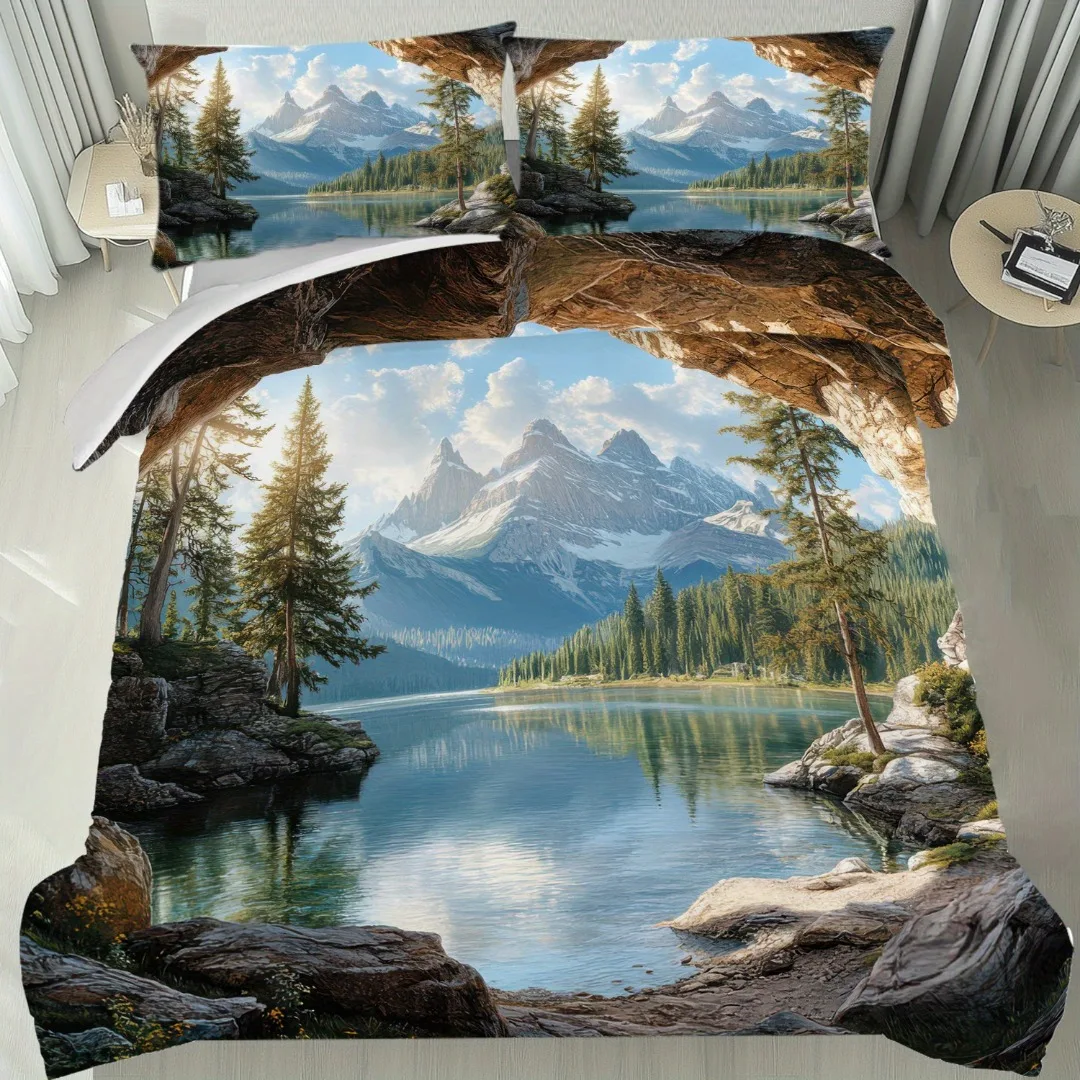 3pcs Refreshing Lakeside Landscape 3D Printed Bedding Set Cozy Duvet Cover King Queen Twin Size Birthday Gift Bedroom Decoration