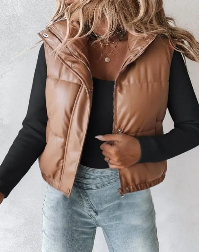 

Autumn Winter Women's Coat Pu Leather High Neck Zip Up Double Snap Buttons Front Vest Casual Stretchy Hem Crop Padded Coat