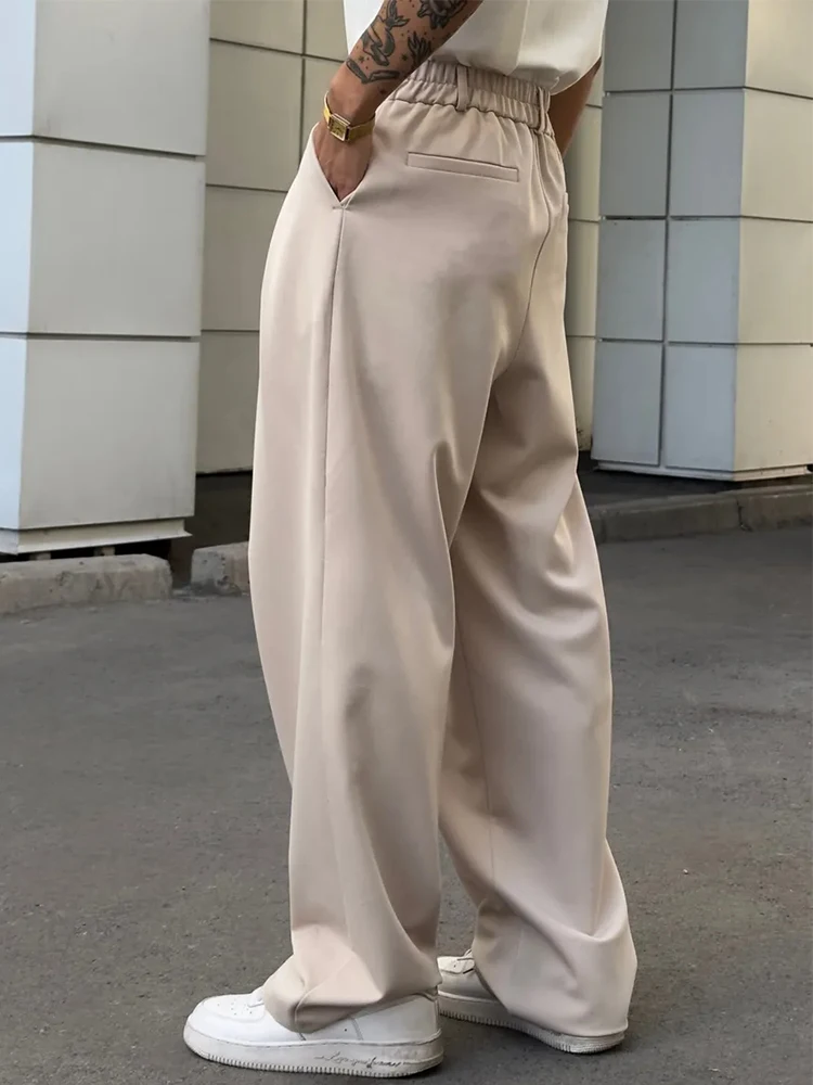 خمر بلون مطوي بنطلون رجالي ربيع الخريف جديد عادية فضفاض مستقيم الخصر السراويل الرجال الترفيه اليومي ثنيات السراويل