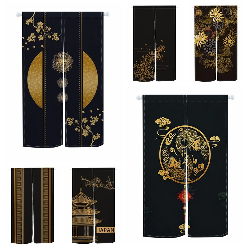 Cortina de Porta Japonesa Noren com Design de Peixe Koi e Lua em Folha Dourada, Cortina Dividida para Decoração de Sala de Estar e Quarto