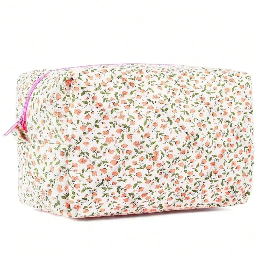 

Makeup Bag Floral Cosmetic Bag Puffy Coquette Quilted Makeup Pouch Aesthetic Cute Pink Large Travel Toiletry Bag Organizer Cott