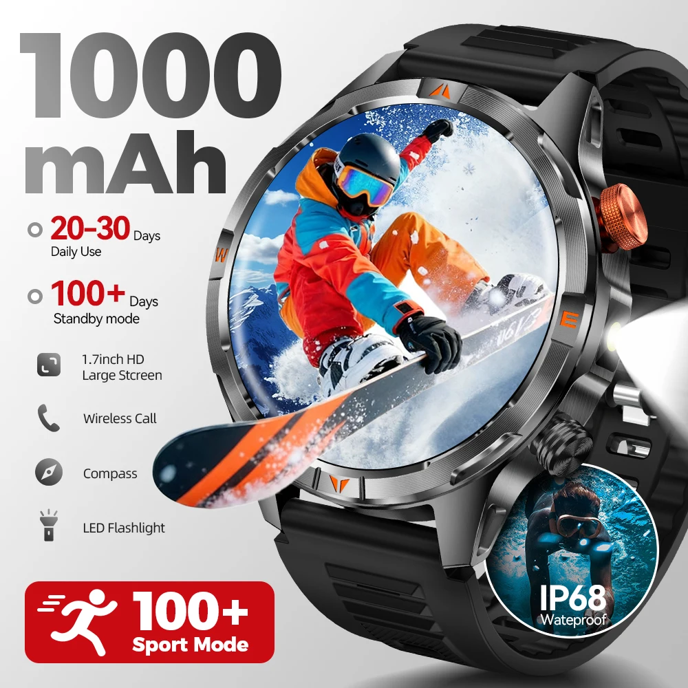 

2025 Smart Watch for Men 1000mAh Large Battery Bluetooth Call LED Light Compass IP68 Waterproof Outdoor Sports Smartwatch