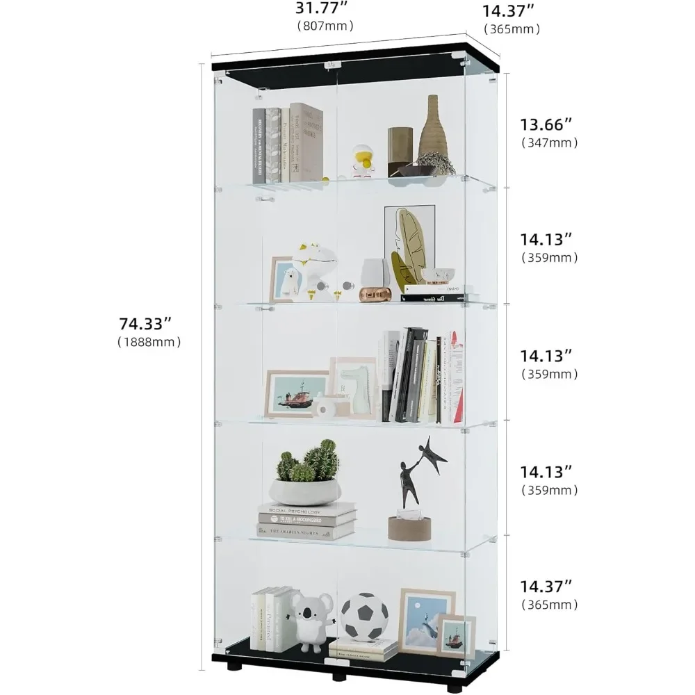 Vitrina de vidrio con 5 estantes y cerradura, vitrina de vidrio transparente de 2 puertas, vitrinas transparentes de pie