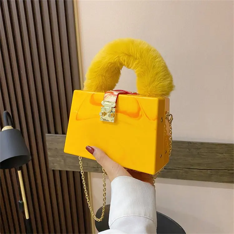 Luxury Faux Fur Handle Bags Designer Box Acrylic Hand Bag Ladies Chain Fall Winter Purses And Handbags Women With Fur Handle