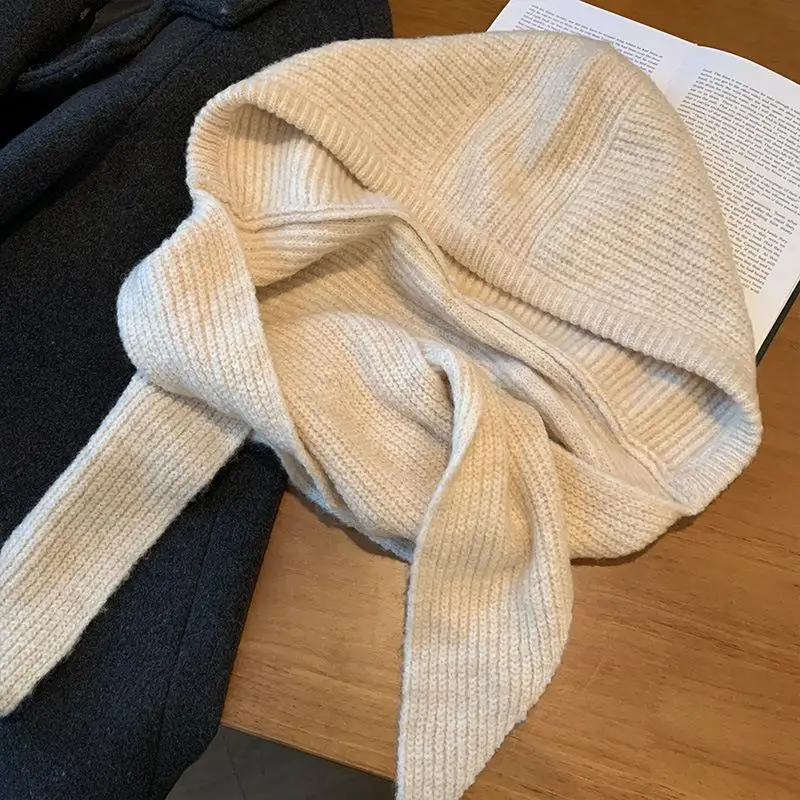 Korean Balaclava Bonnet Beanies Autumn Winter Warm Hat Scarf One-piece Thickened Knitted Hat One-piece knitted hooded scarf
