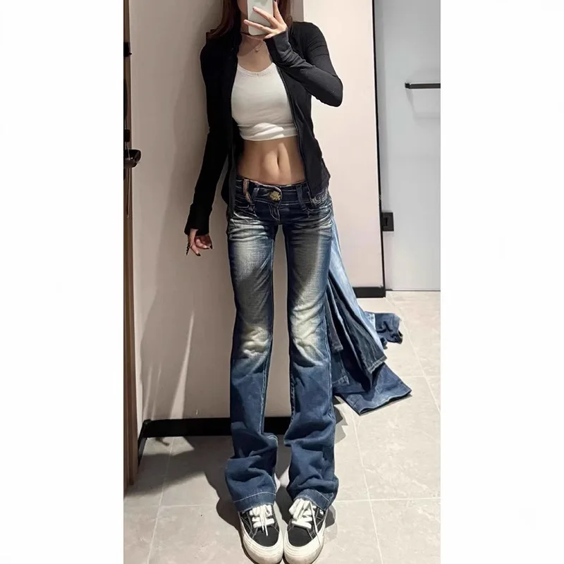 Retro Streetwear Low-Rise Jeans Women's Y2K Rhinestone Wing & Embroidered Denim, Edgy Bootcut Pants