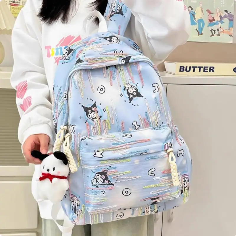 

Рюкзак Sanrio Kuromi, новый стиль, Kawaii, большая вместимость, полный принт, персонажи аниме, модный милый универсальный рюкзак для девочек, студентка на плечо