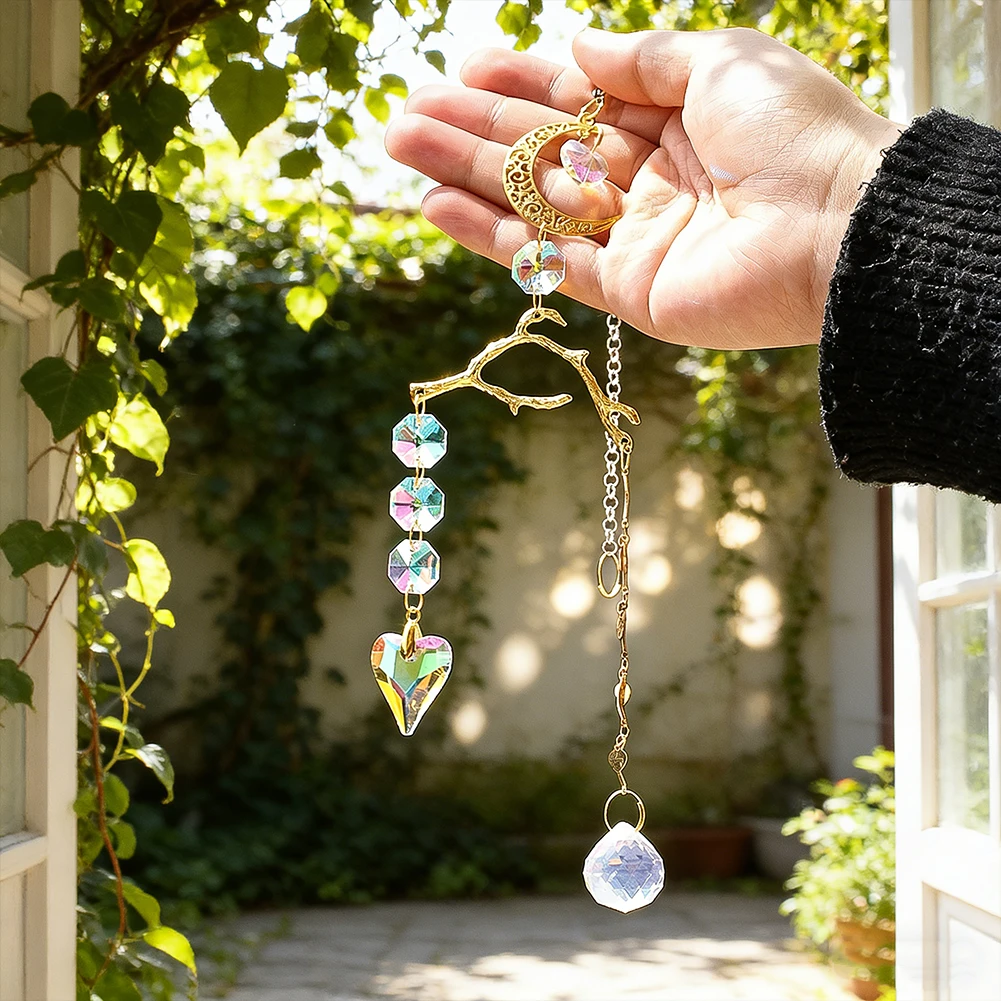 Heart Crystal Suncatcher Metal Moon Branch Wind Chime Hanging Crystal Prism Ball Rainbow Maker Garden Dreamlike Lighting Effects