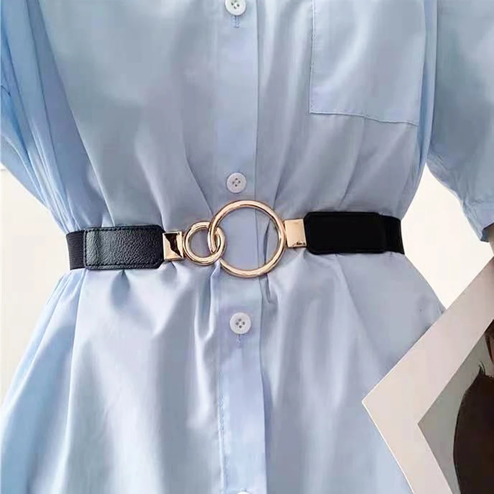 Fashion elastic women thin waist belt metal hollow ring buckle multi-color waist cover