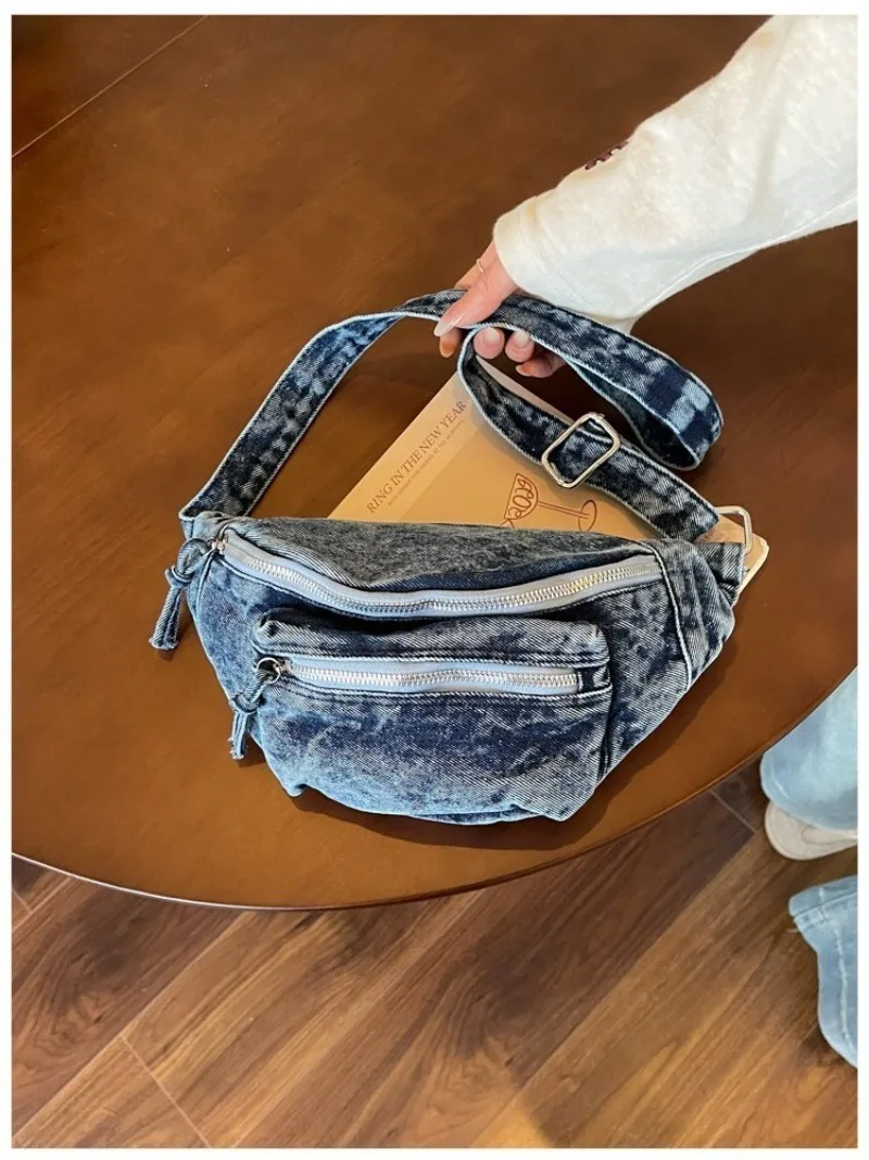 Damen Vintage Washed Denim Tasche mit Mehreren Taschen, Verstellbarer Riemen Crossbody Gürteltasche für Tägliche Aufgaben und Outdoor-Aktivitäten – Detail 11