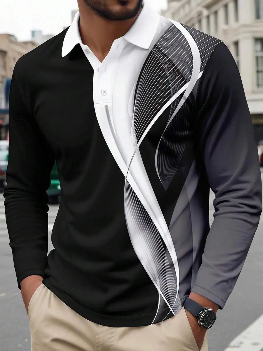 

Men's Abstract Graphic Long Sleeve Polo Shirt, Casual Commuter Style for Autumn