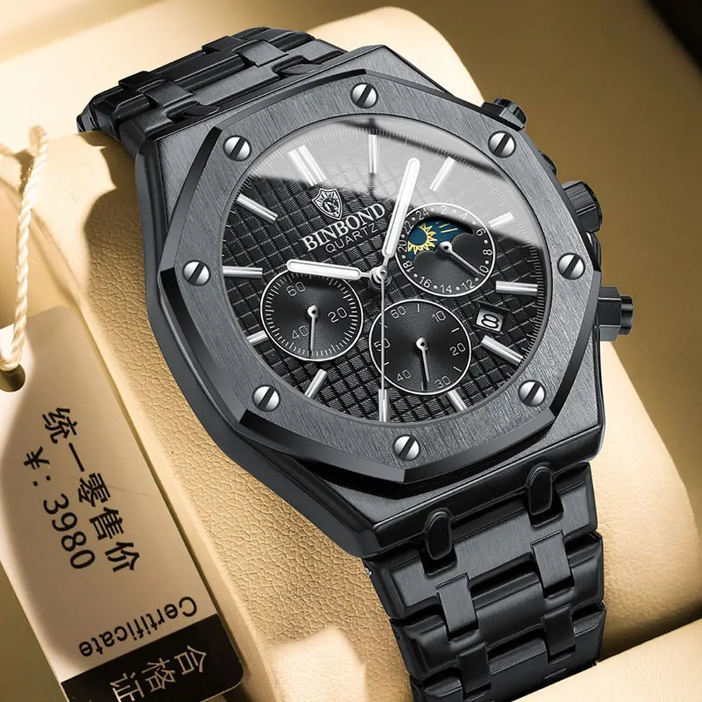 BINBOND Fashion Business Top Luxury Brand Quartz Watch Men Watches Stainless Steel Waterproof Man Wristwatch Relogio Masculino