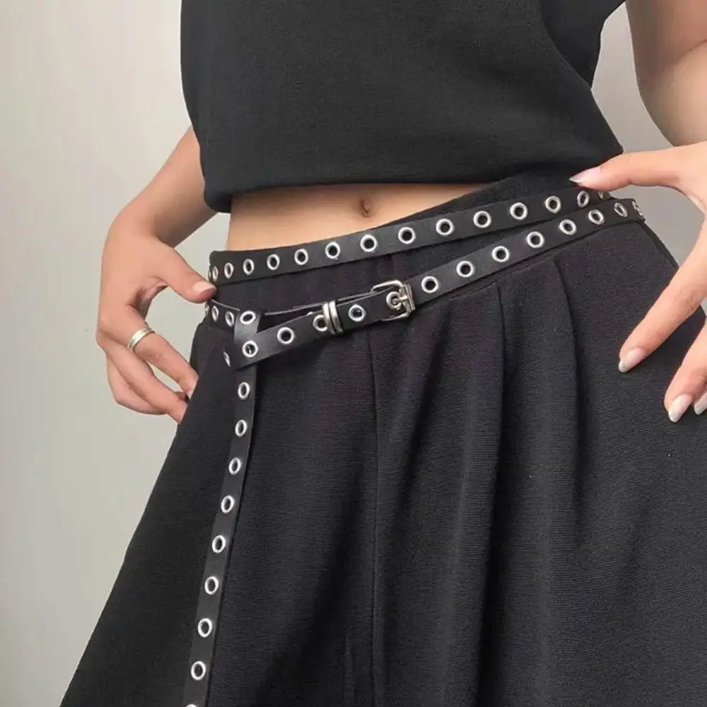 Punk Double Layer Thin Long Belt Rivet Eyelet Waist Chain DIY Wear Personality Buckle Belts Adjustable Spice Girl Accessory Belt