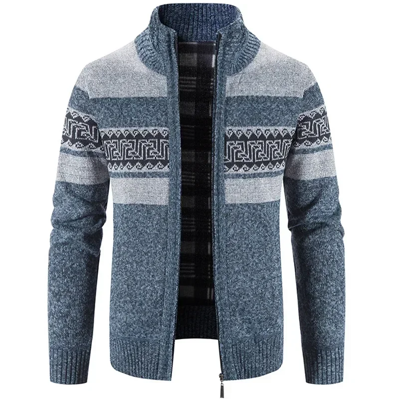 

Men Cardigan Color Matching Jacket Casual Male Clothing Turtleneck Sweater Plush Thickened Sweater 2024 Autumn Winter Plush Coat