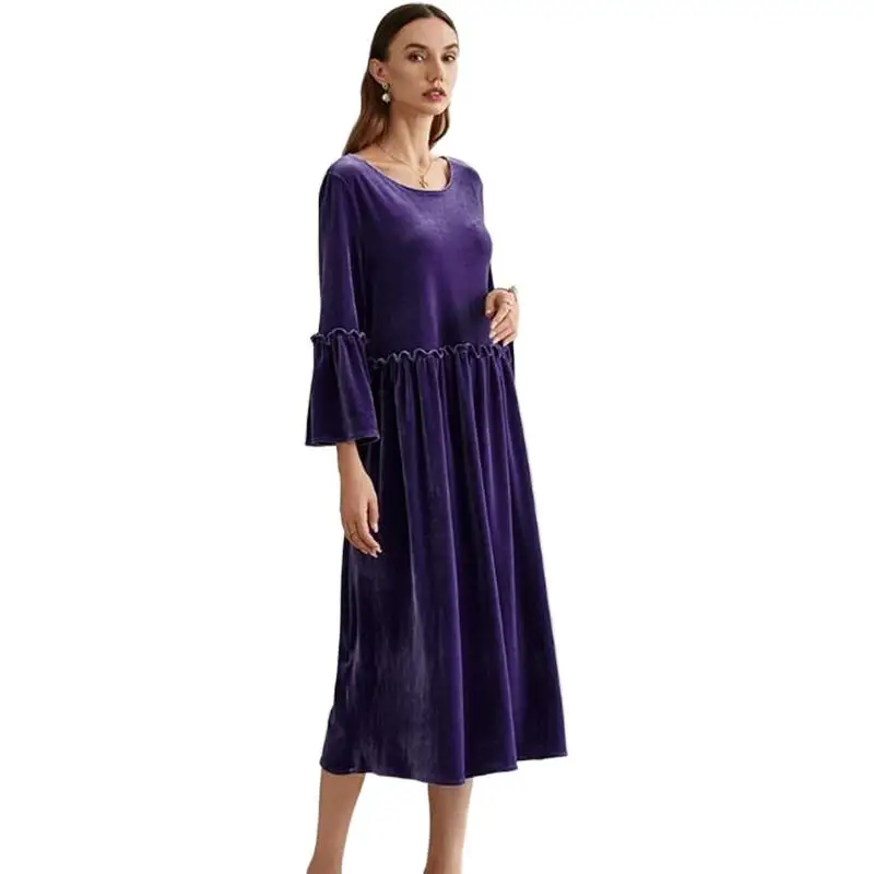 

Spring Female Elegant Butterfly sleeve long maxi velour dress Spring Autumn Vintage pleated ruffle velvet dress party Vestido