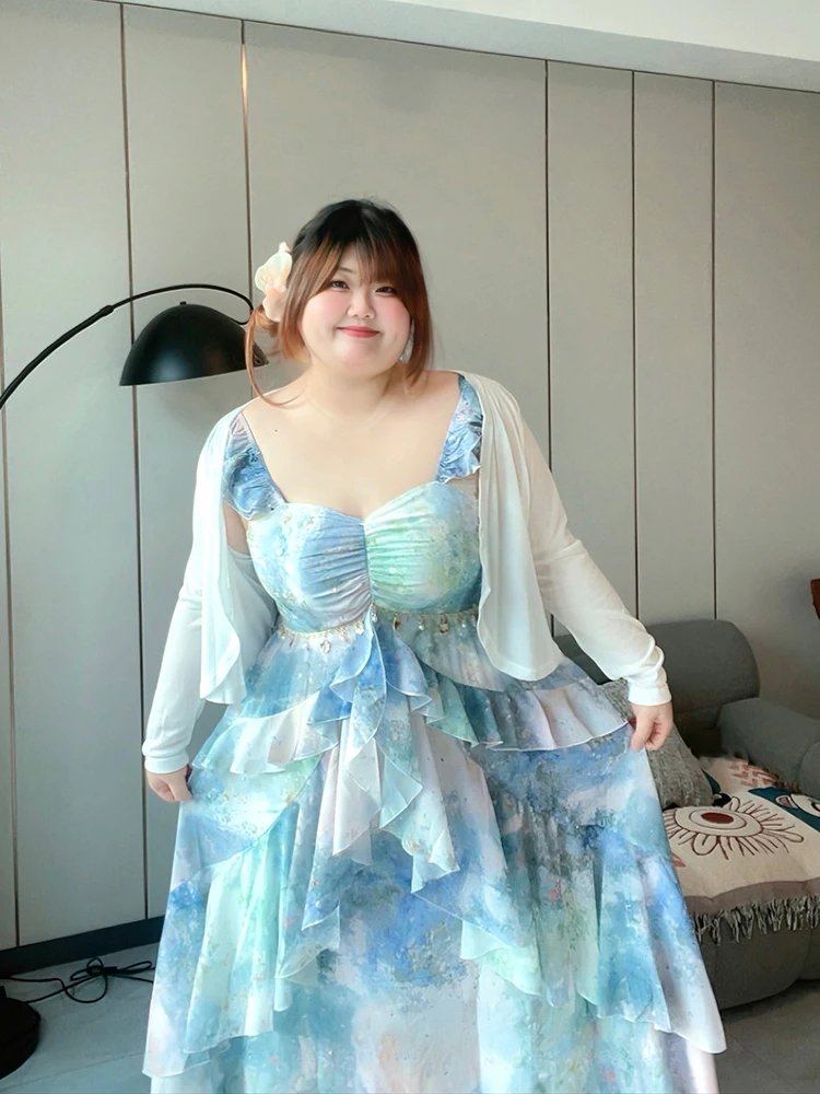 

plus Size Beach Dr Set Big Dot Dyed Strap Long Skirt Spring Season Women's Princ Sle Slim Fit Beach Vaion Gown