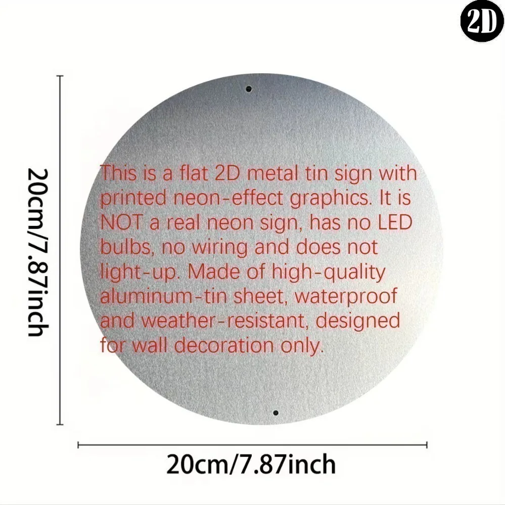 Round Metal Tin Sign Burger Fries Fake Neon Print Wall Decor, Non LED 2D Flat Metal Plaque For Fast Food Diner Food Truck