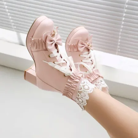 Lolita Girls Winter Boots Pink Women Bowtie Butterfly-Knot Lovely Ladies JK-Uniform Japanese Cosplay Party Wedding Shoes White