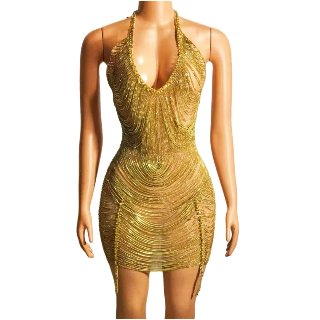 Błyszcząca seksowna sukienka bez pleców z łańcuszkiem i kryształkami dla kobiet Impreza Urodziny Występ na scenie Kostium królowej Rave Festival