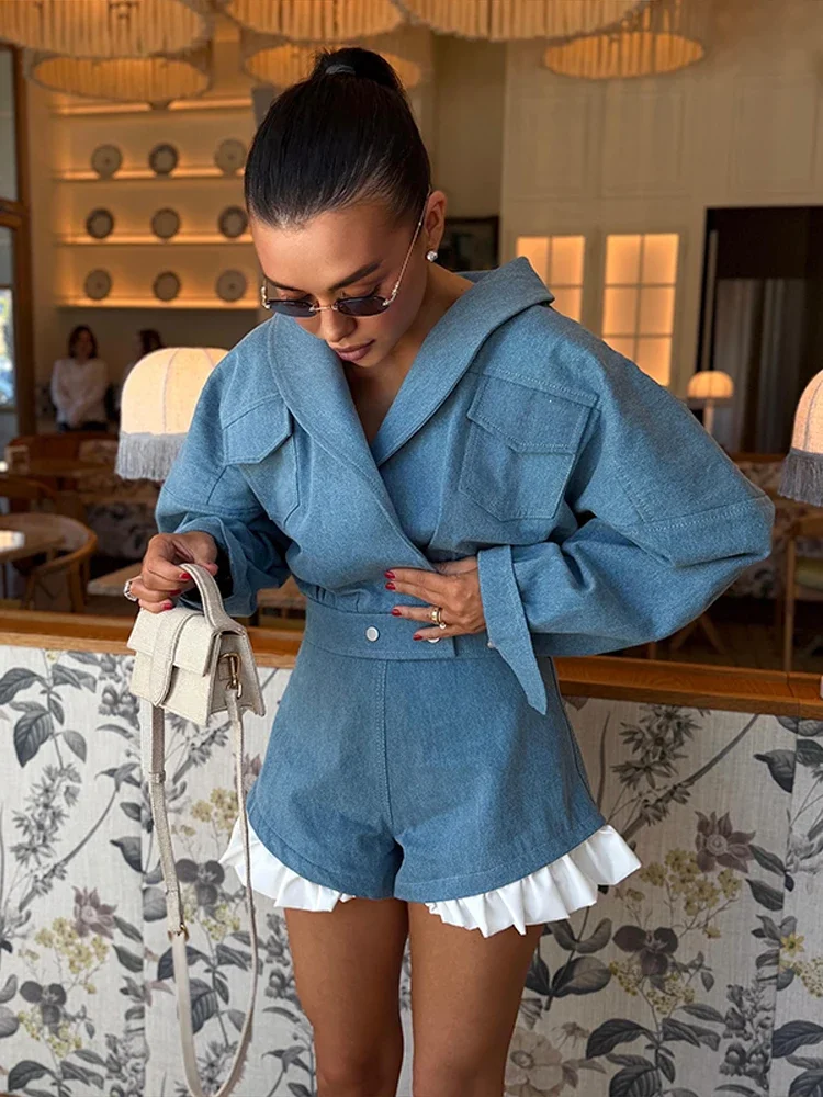Chic Ruffle Hem High Waist Short Pant Big Lapel Loose Long Sleeve Women Two Piece Set Double Flap Pocket Single Button Waistband