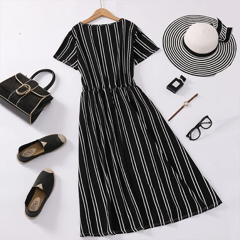 

Модное платье средней длины с коротким рукавом для женщин среднего и пожилого возраста из Юго-Восточной Азии, повседневный свободный крой, круглый вырез...