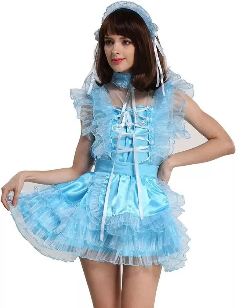 Sissy Girl blauwe satijnen afsluitbare jurk Franse meid cosplay kostuum op maat gemaakt