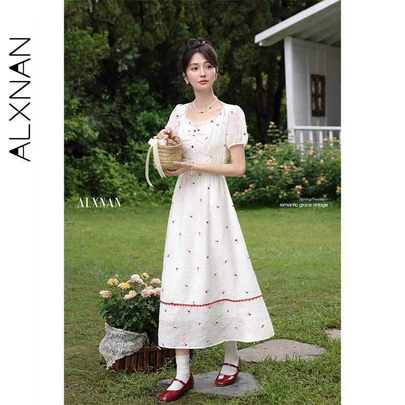 

ALXNAN Women's Long Dress Elegant Holiday Square Neck Puff Sleeve Dress 2026 Summer Party Beach Short Sleeve Clothing L559137