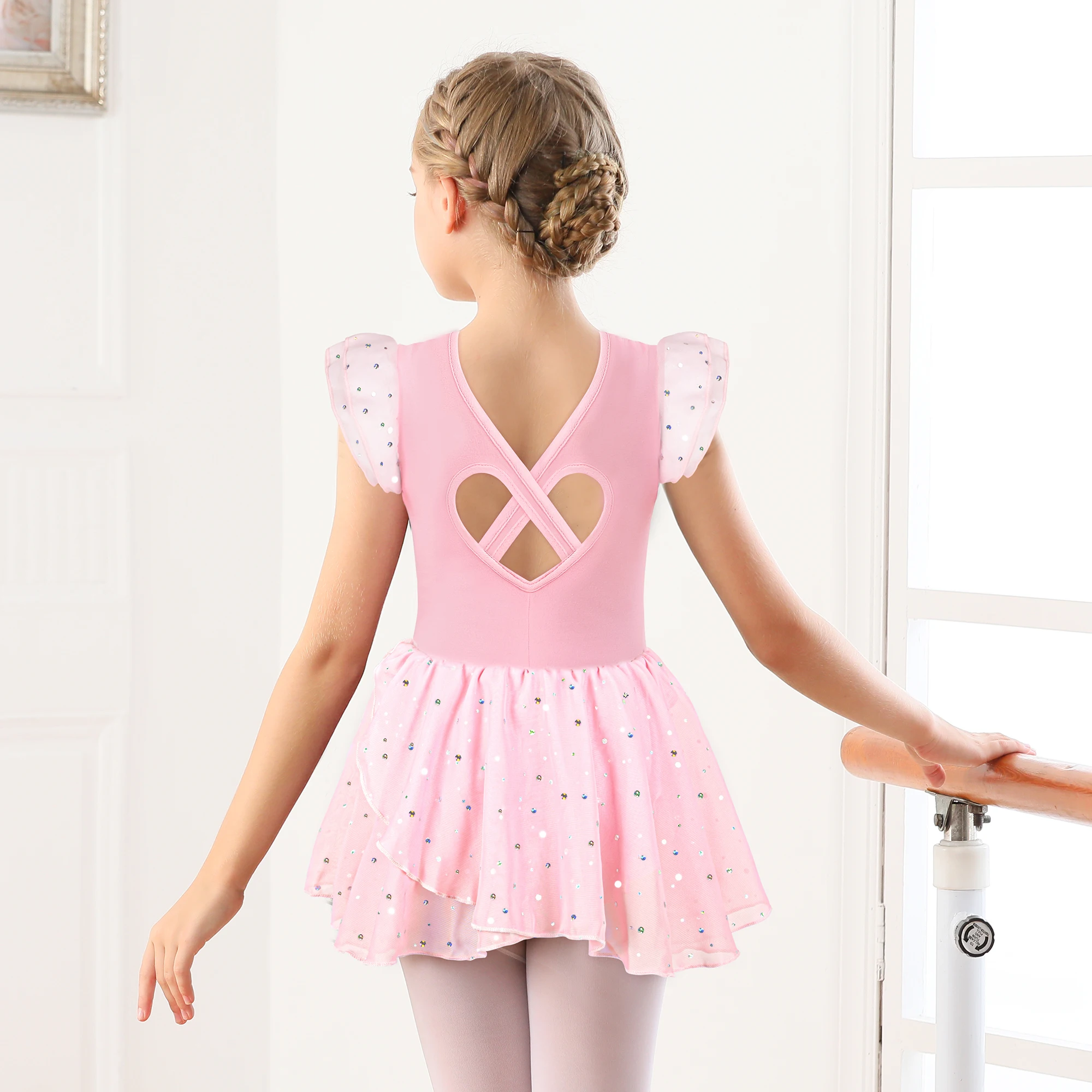 Girls Ballet Leotards for Dance Hollow Crisscross Back Short Sleeve, Shiny Skirt