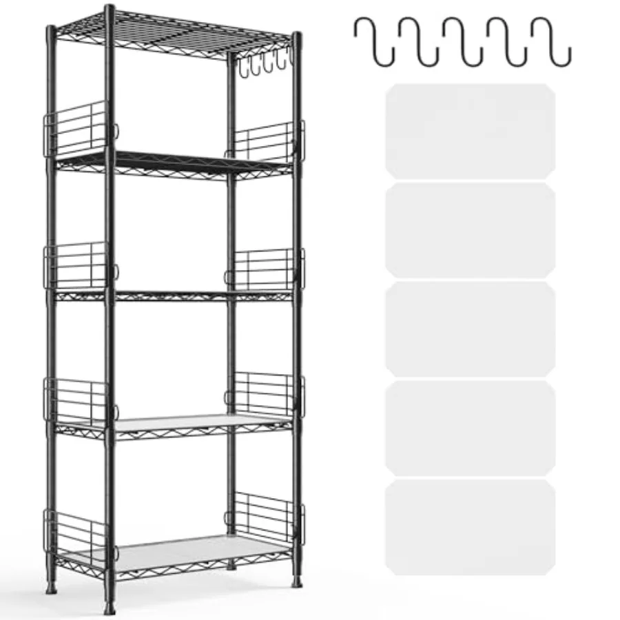 

5 Tier Metal Shelving Unit Pantry Storage Shelves with Side Blockers Adjustable Metal Wire Shelf with Hooks Shelf Linker Standi