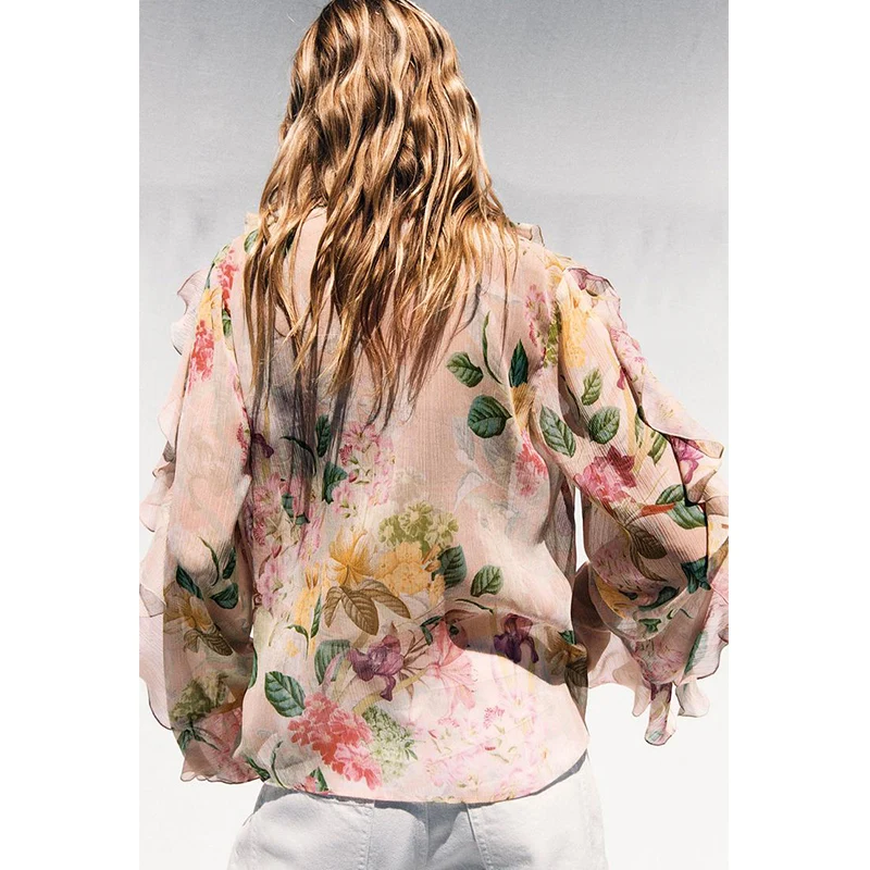 春夏新作 レディース 長袖 Vネック 花柄プリント レイヤード風 ドレープシャツ ゆったり 通勤スタイル